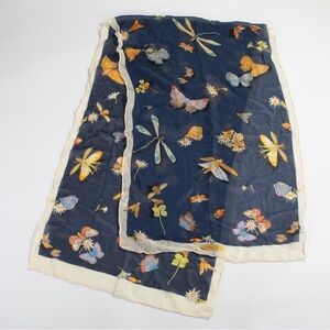 Salvatore Ferragamo Navy and Cream Silk Oblong Floral Botanical Butterfly Scarf